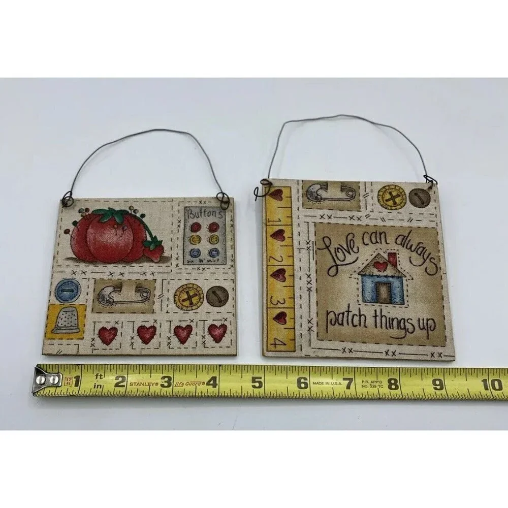 Sewing Room Wall Decor 4 to 5 Inch Square Buttons Hearts Thimble House Lot Of 2
